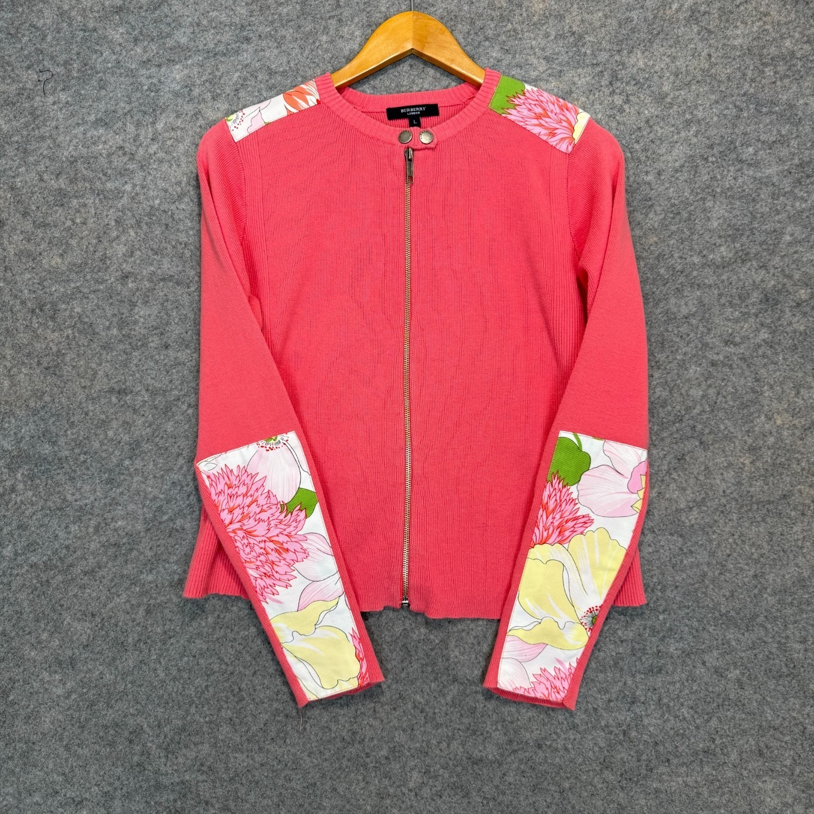 Burberry Floral Knit Cardigan Sweater Jacket Womens Large Pink Zip Snap Knit